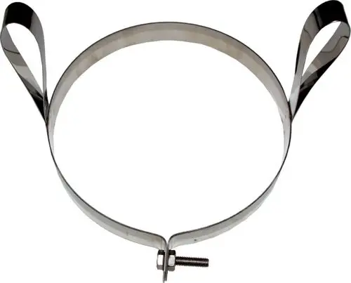 Edelstahl-Rohrschelle mit Ablassschlaufen von Wolf. Das Produkt hat eine runde Form und eine Schraube zur Befestigung. Ideal für Rohrinstallationen.